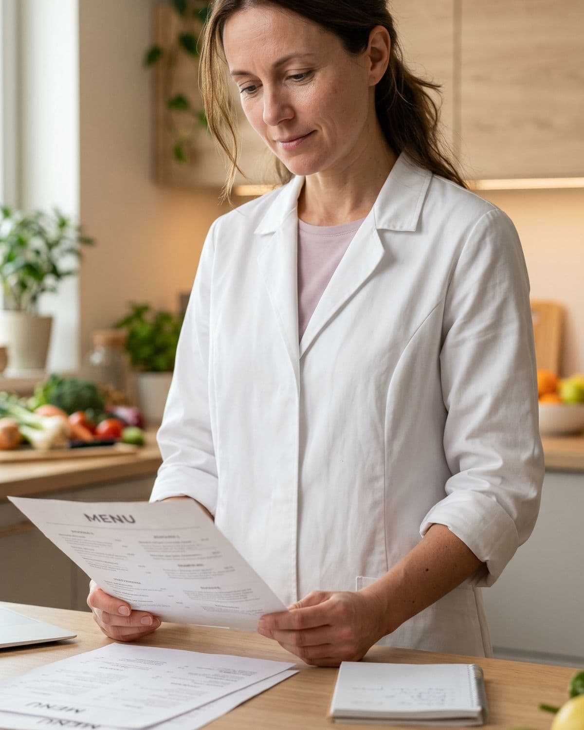 Une diététicienne consultant les menus de la semaine dans la cuisine