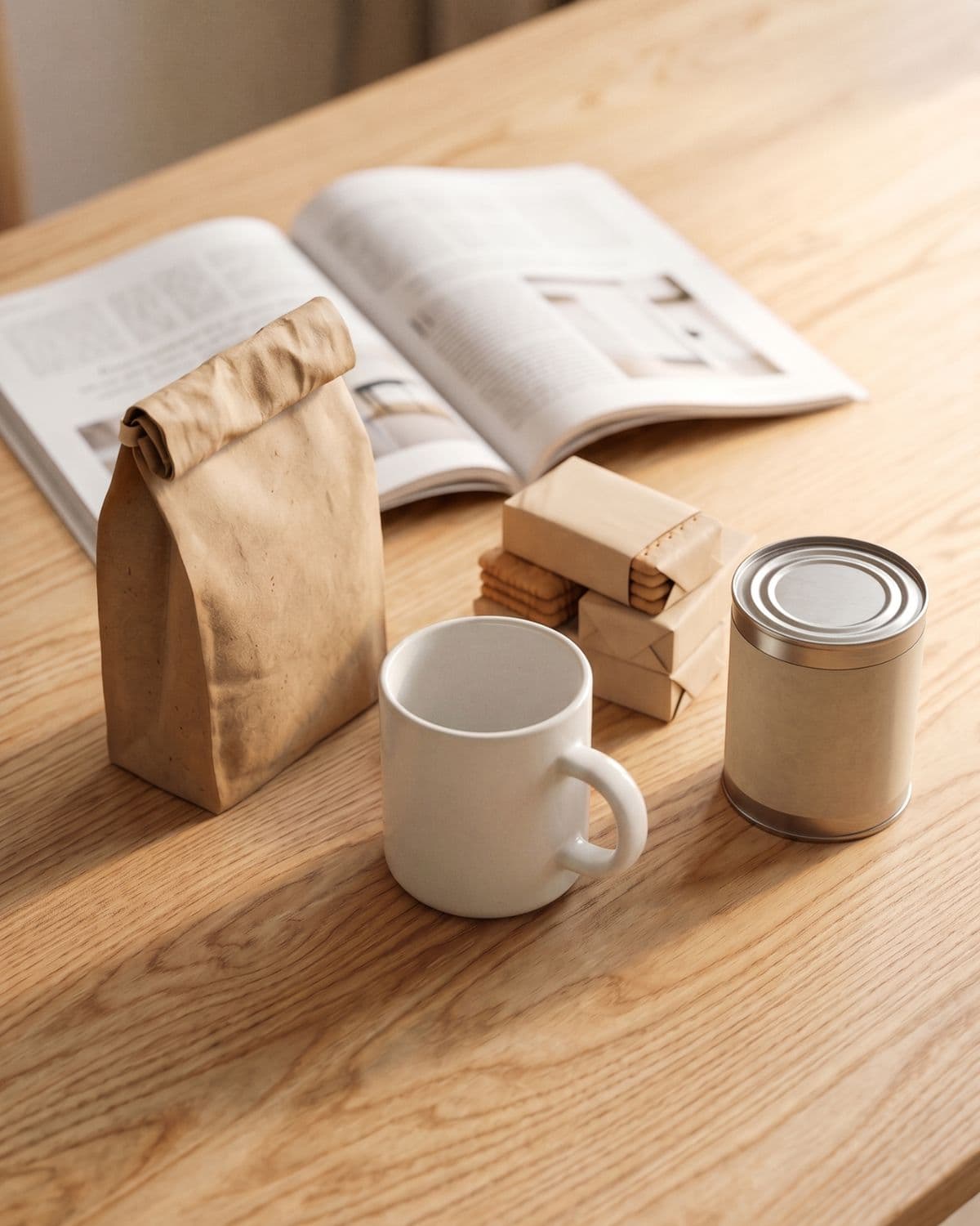 Magazine ouvert, paquet de café, biscuits et conserve posés sur une table en bois
