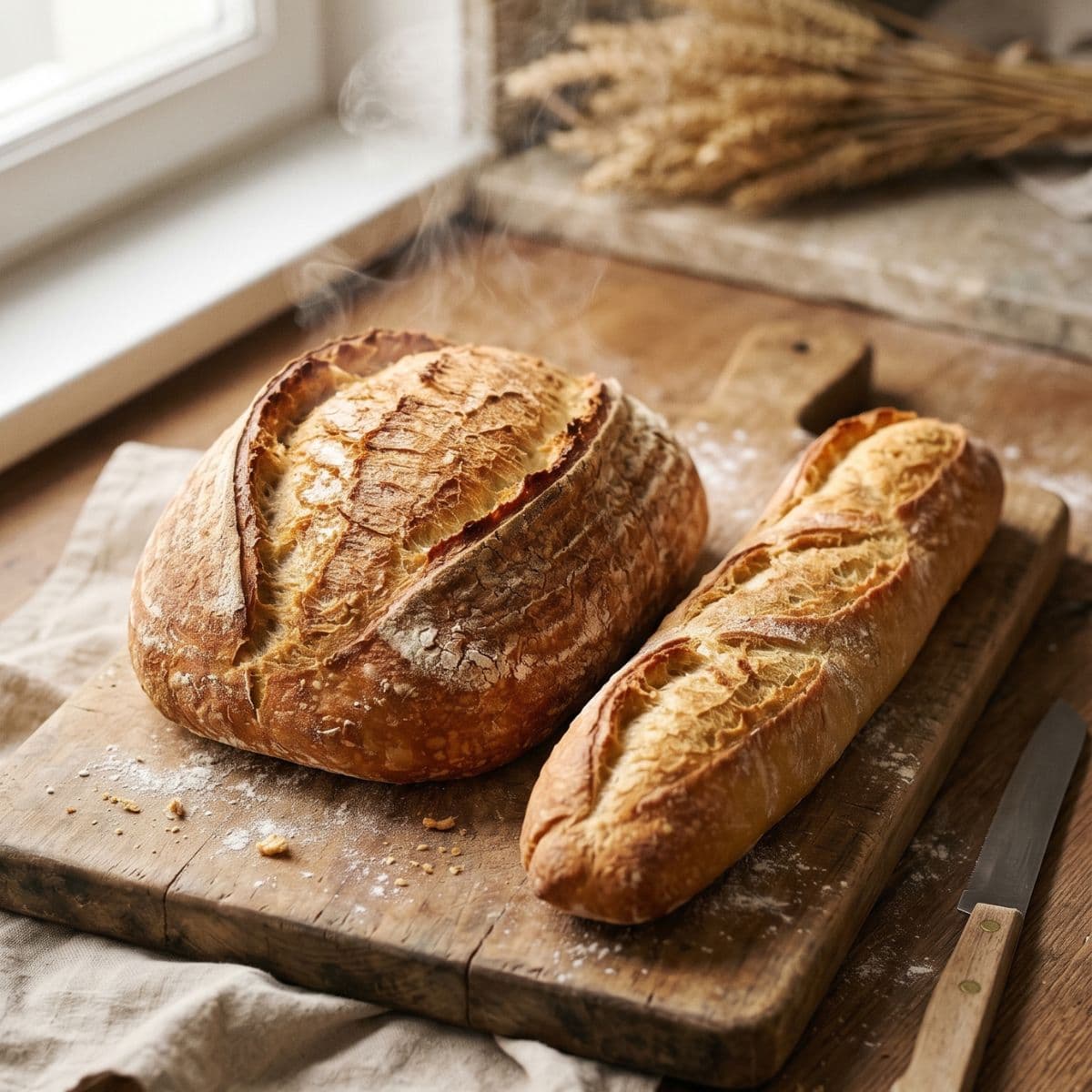 Pains frais artisanaux tout juste sortis du four, sur planche en bois