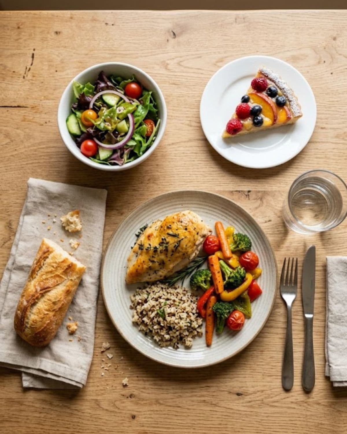 Plateau-repas du jour : salade, poulet aux légumes, tarte aux fruits et pain frais